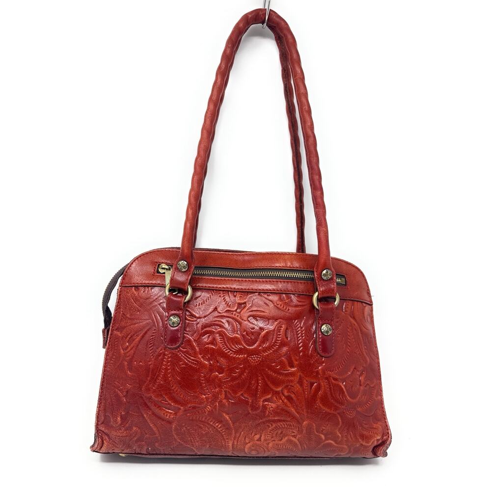 PATRICIA NASH Calvi Satchel Handbag Tooled Leather Cognac Brown
